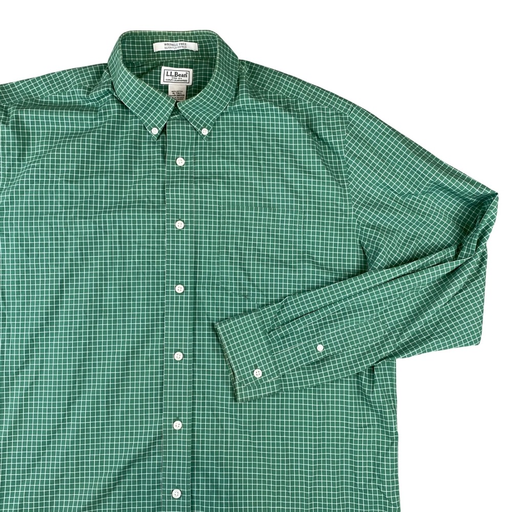 LL Bean Mens XL Tall Slightly Fitted Wrinkle Free Green Check Cotton Shirt